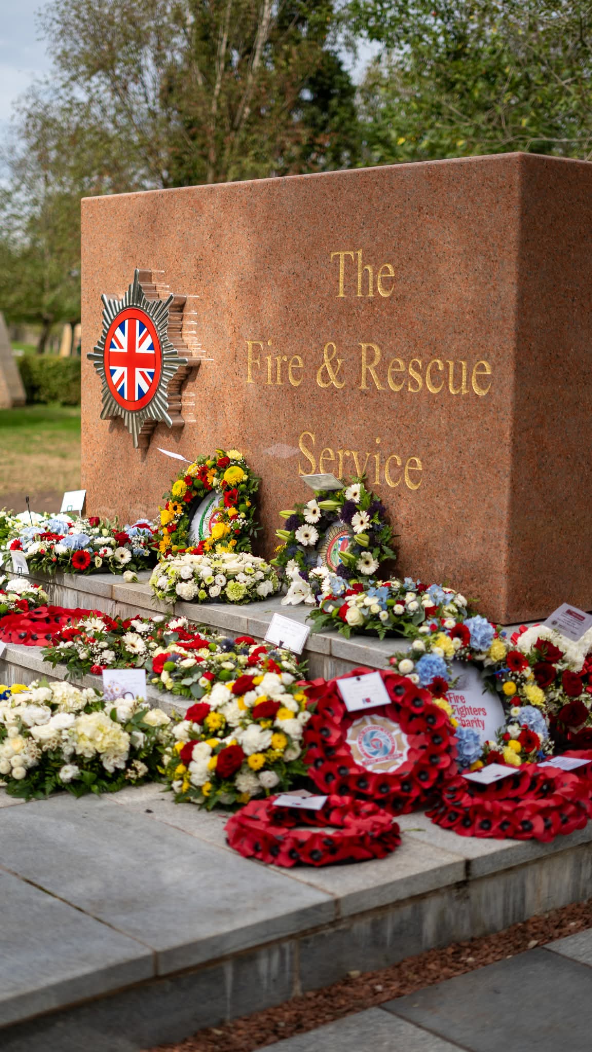Wreaths at a ceremony honouring fallen firefighters