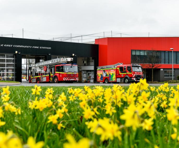 Carlisle East Fire Station with flower in the forefront