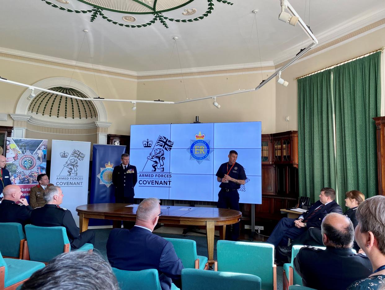 Firefighter Richie Hinson speaking at the Armed Forces Covenant signing