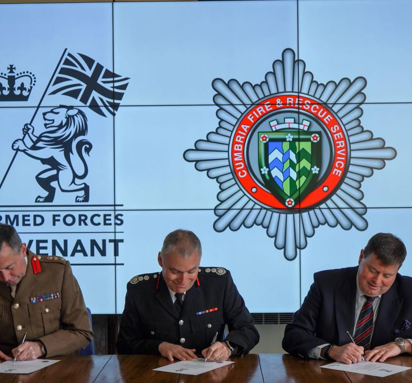 Armed Forces Covenant signing - Col Darren Doherty, Chief Fire Officer John Beard and Cumbria PFCC Peter McCall