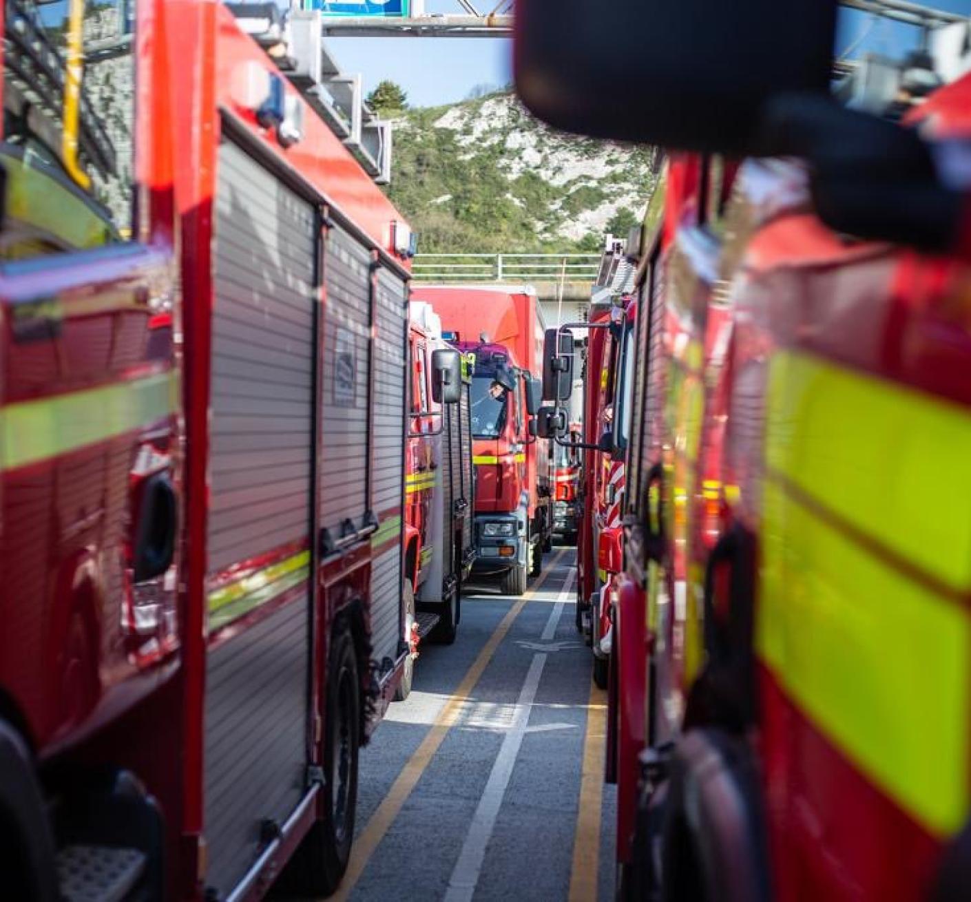 Fire and rescue service vehicles parked up in convoy - close up