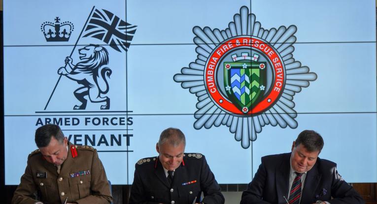 Armed Forces Covenant signing - Col Darren Doherty, Chief Fire Officer John Beard and Cumbria PFCC Peter McCall